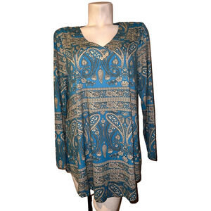 New U.VOMADE Top Women's Plus Size 1X Blue Paisley V-neck Long Slv Blouses Tunic